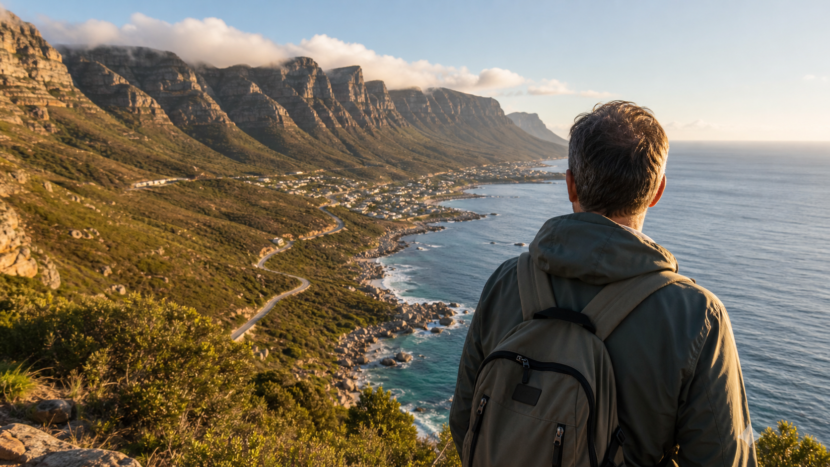 A middle-aged traveler seen from behind, looking over a wide road, coastline, and mountain landscape.