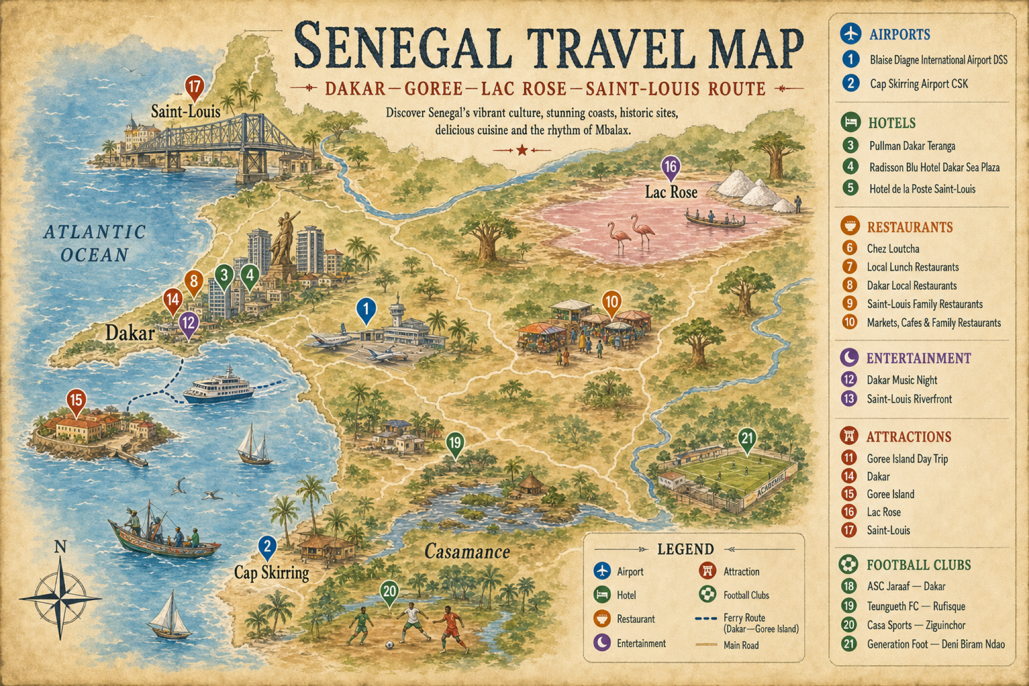 Senegal Travel Map Including Airports, Hotels, Restaurants, Entertainment Venues, and Attractions